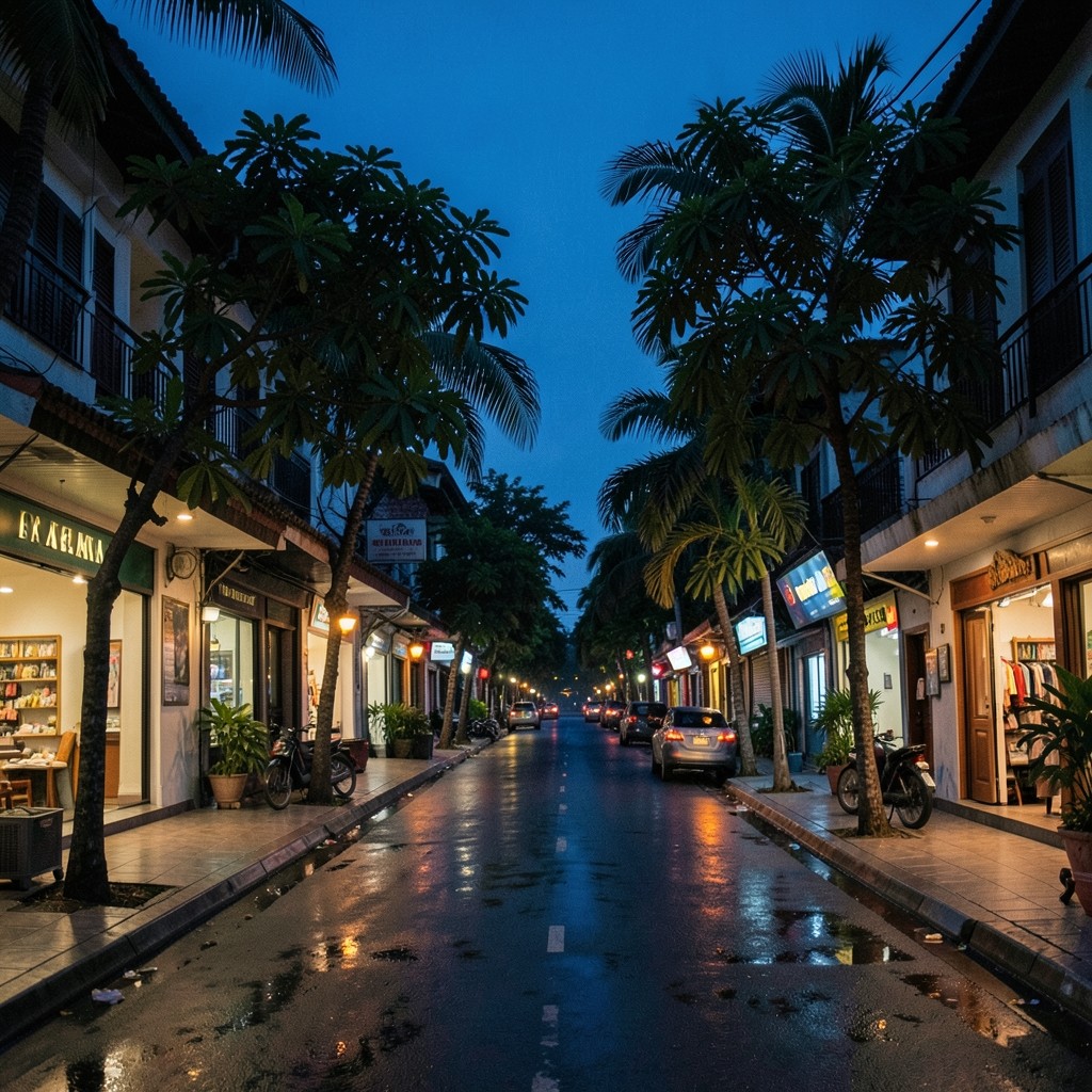 Bangchak neighbourhood street at dusk with warm shop lights and quiet sidewalk