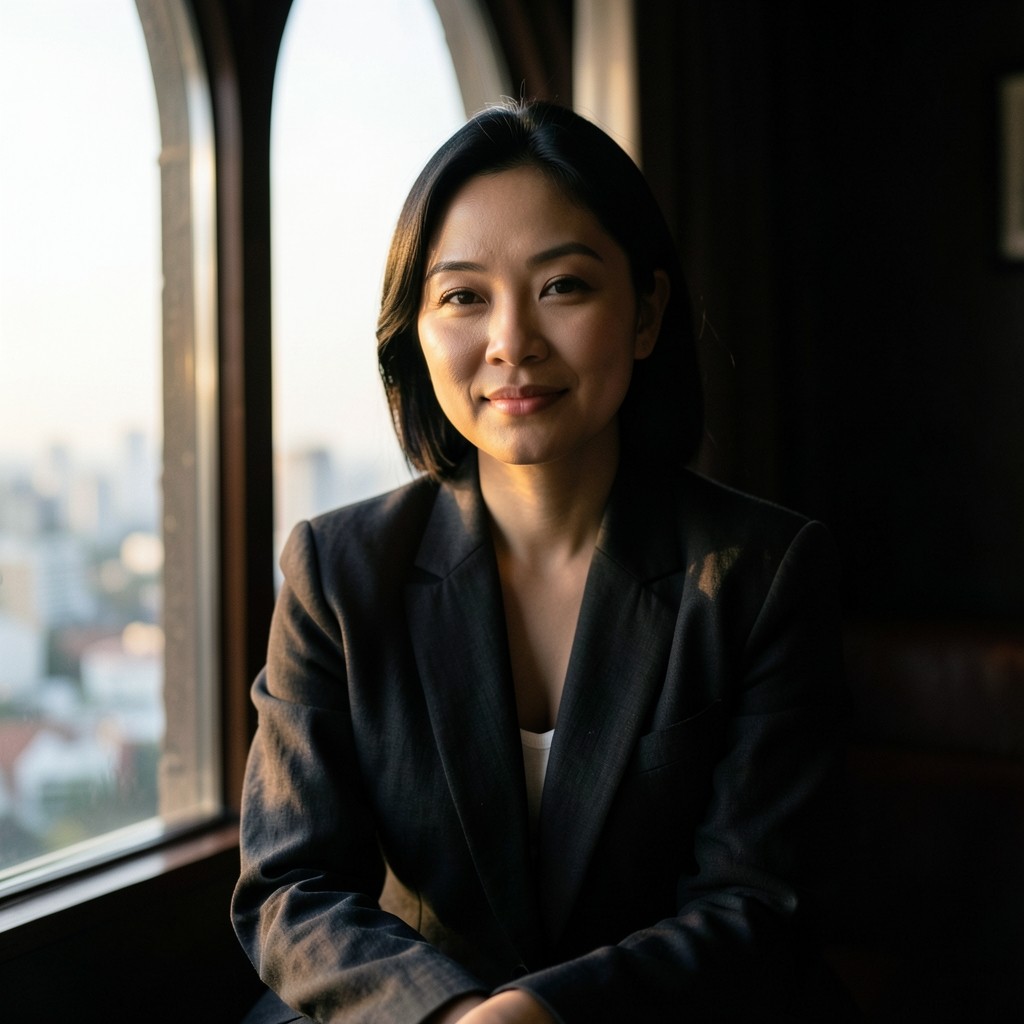 Portrait of a consultant in a linen blazer seated near a window with soft afternoon light