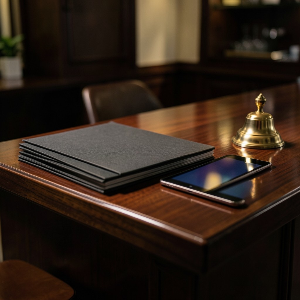Stack of course folders and a tablet on a reception counter in a training centre