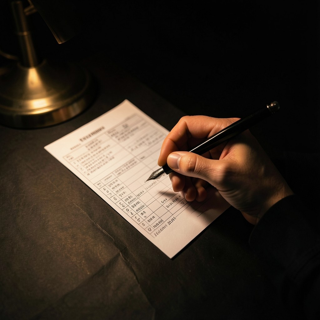 Person annotating a printed metrics checklist with a fountain pen