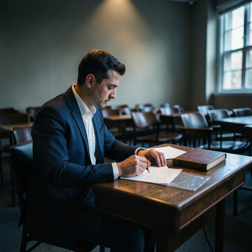 Instructor reviewing notes at the front of an empty classroom after a session