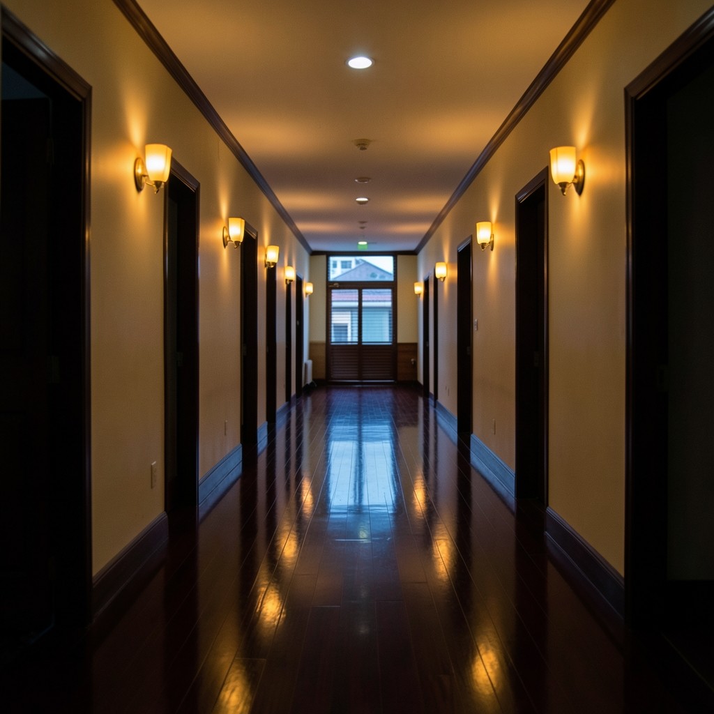 Quiet Bangkok training centre corridor with warm evening light and empty classroom doorways