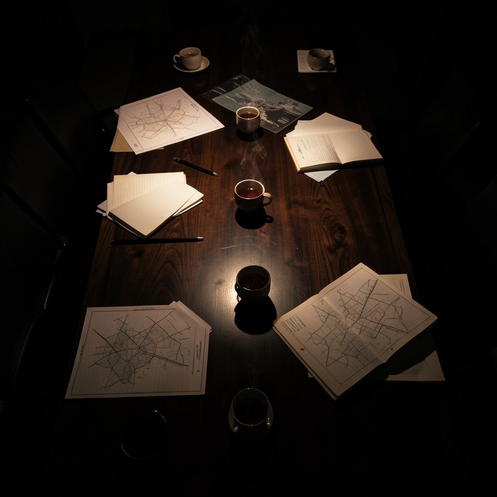 Conference table with printed metric maps and open notebooks during a planning workshop