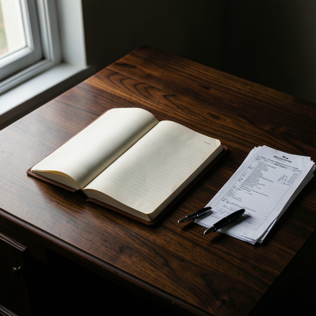 Notebook and printed training attendance sheets arranged on a wooden desk