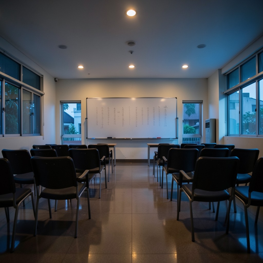 Training room with empty chairs and a whiteboard showing course schedule columns