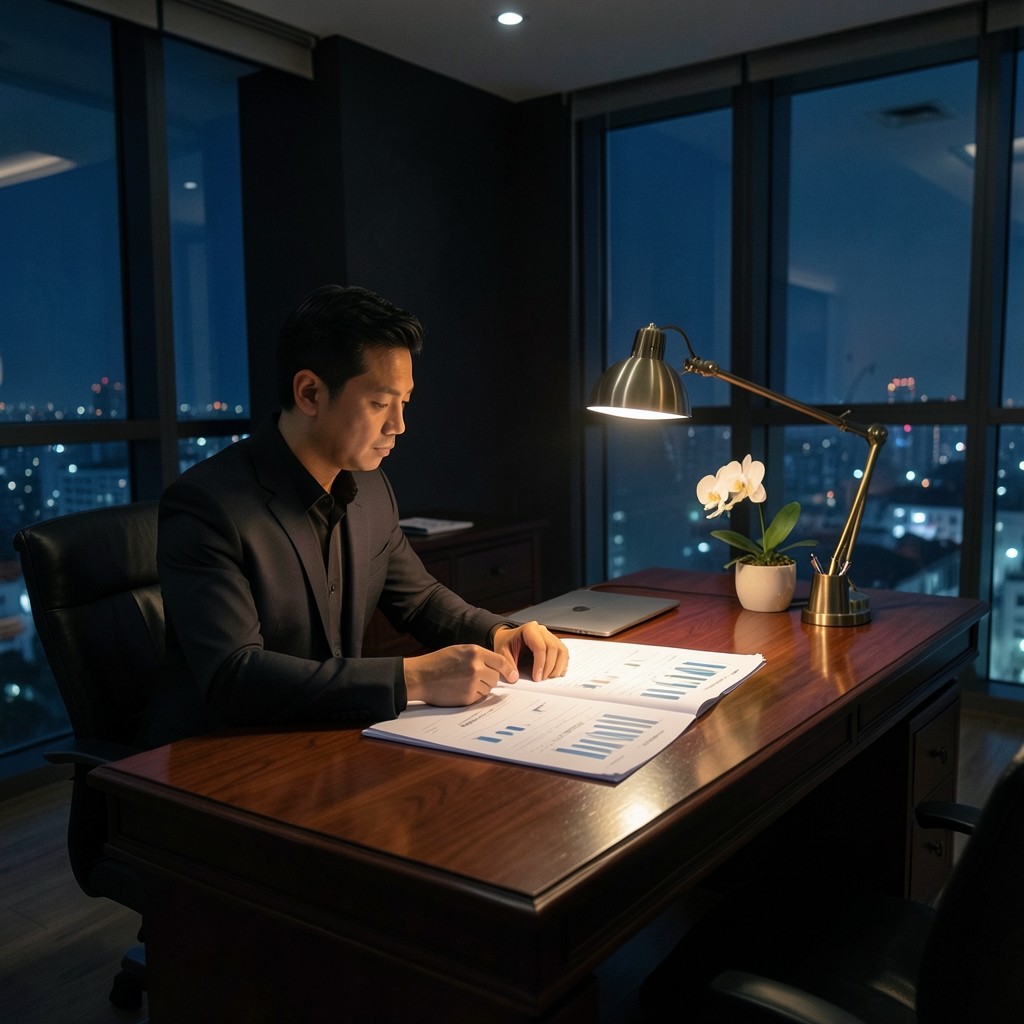 Analyst reviewing printed education performance charts beside a laptop in a quiet Bangkok office