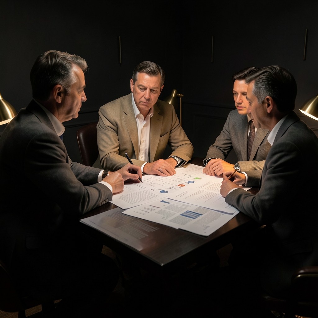 Small group discussion around printed charts in a meeting room with warm lamp light